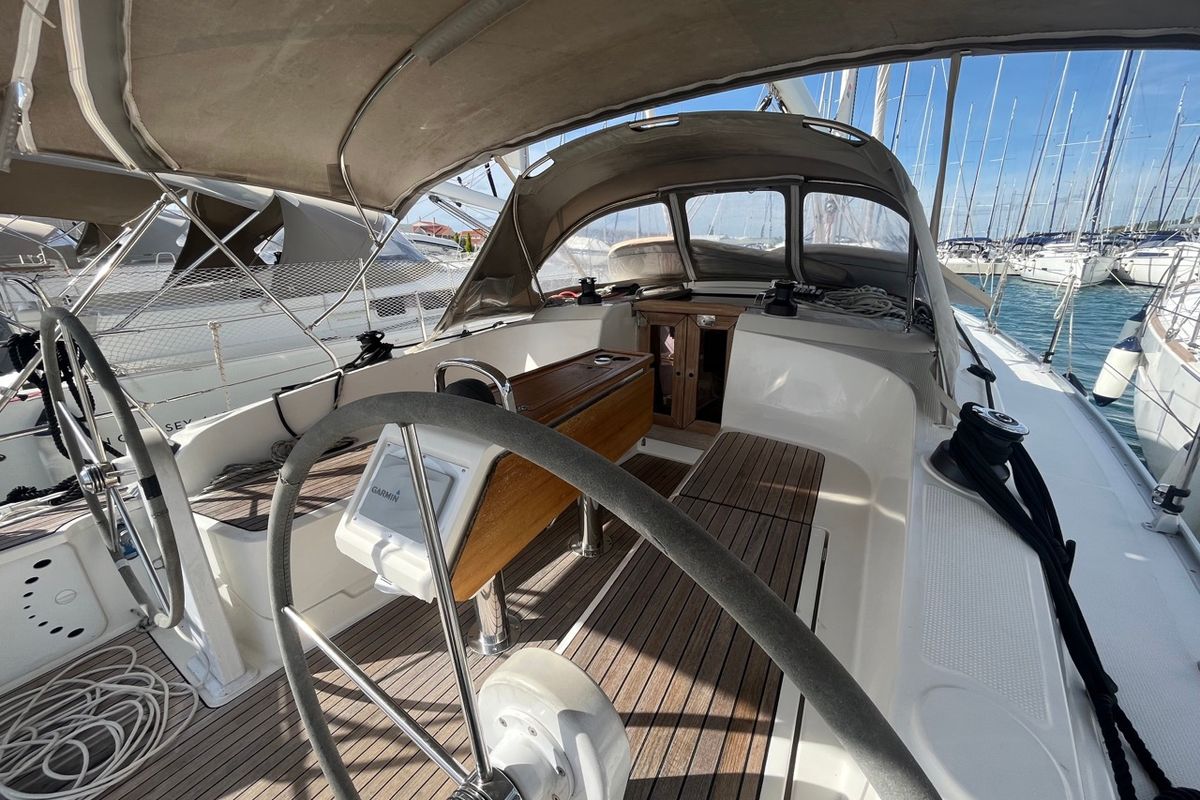 Cockpit of GITA, a Bavaria Cruiser 37 sailboat at Općina Sukošan, Croatia