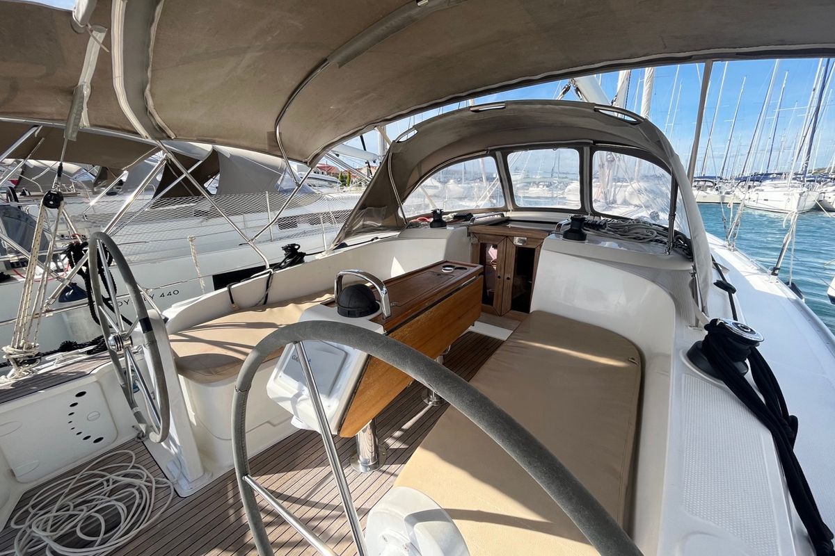 Cockpit of GITA, a Bavaria Cruiser 37 sailboat at Općina Sukošan, Croatia