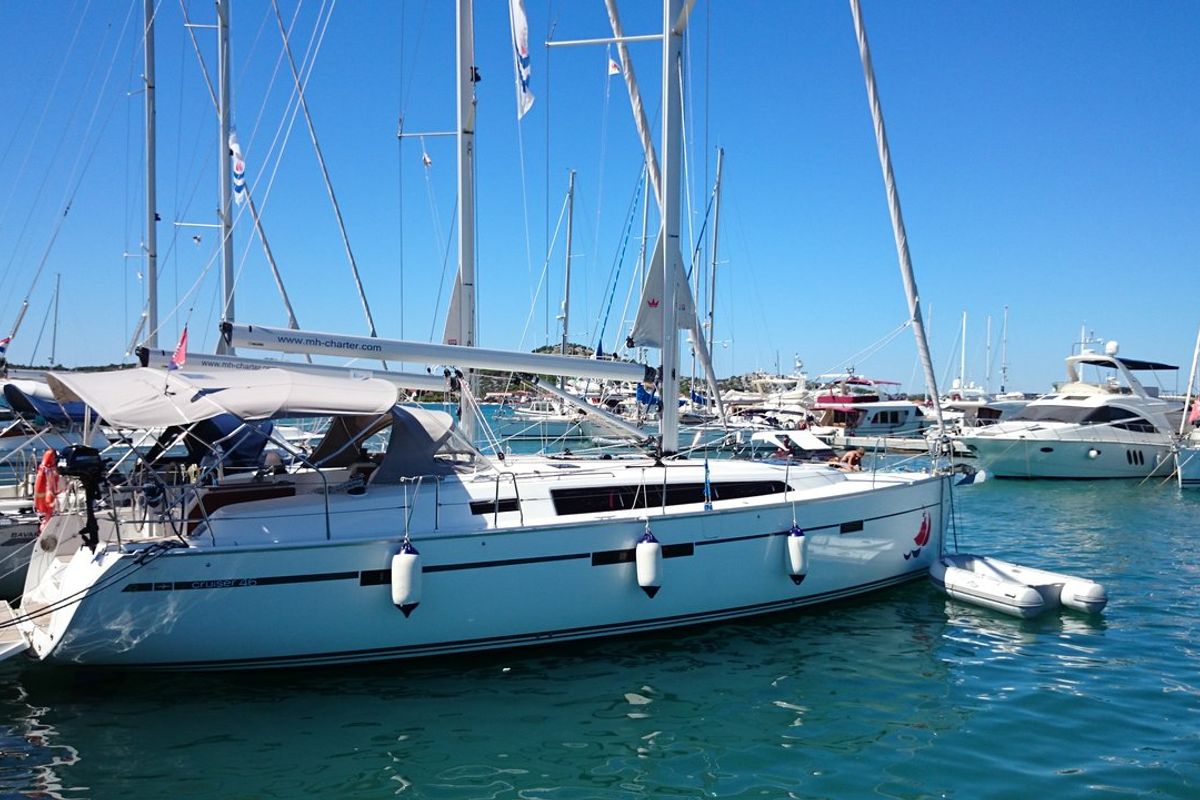 Exterior view of MH 52, a Bavaria Cruiser 46 sailboat at Murter, Croatia