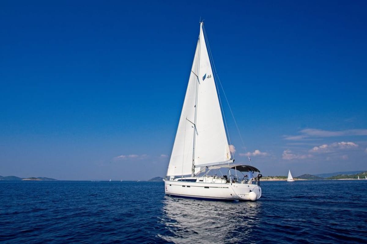 Exterior view of MH 52, a Bavaria Cruiser 46 sailboat at Murter, Croatia