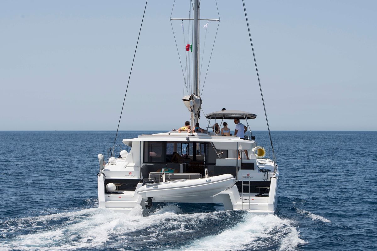 Exterior view of Premium, a Fountaine Pajot Saona 47 catamaran at Castellammare del Golfo, Italy