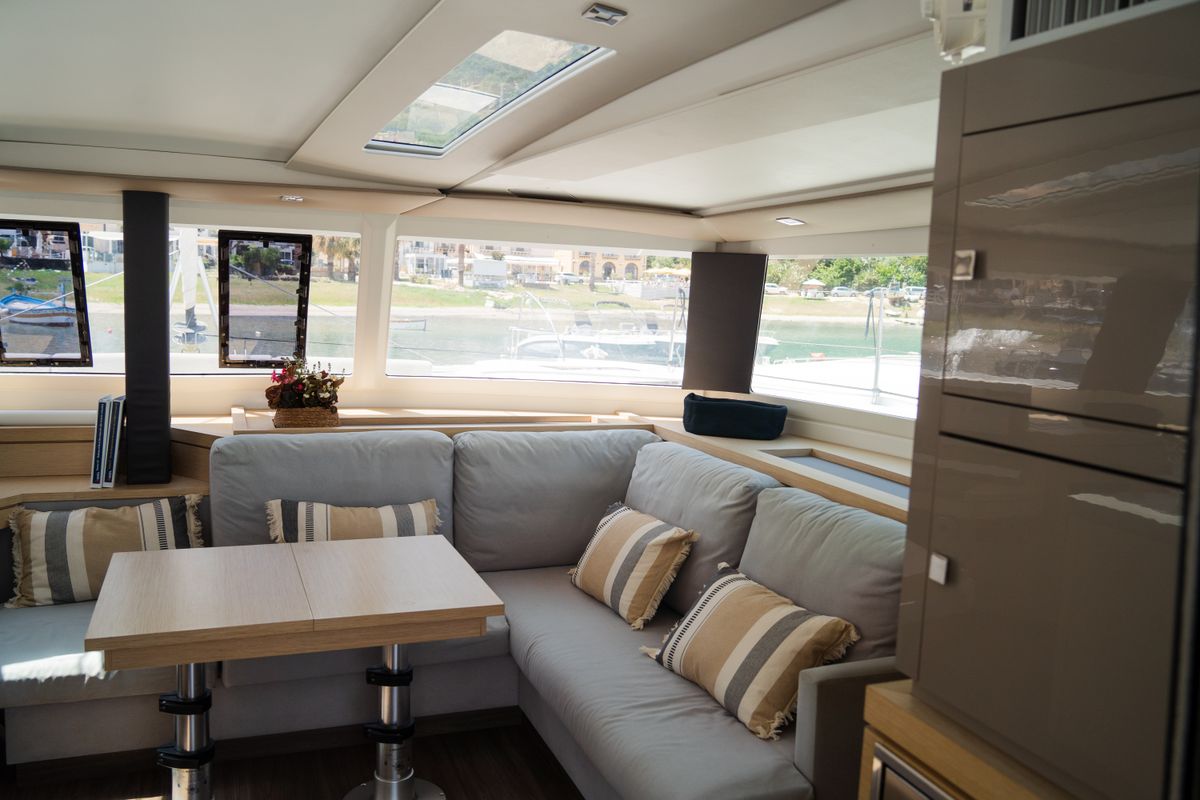 Salon of Premium, a Fountaine Pajot Saona 47 catamaran at Castellammare del Golfo, Italy