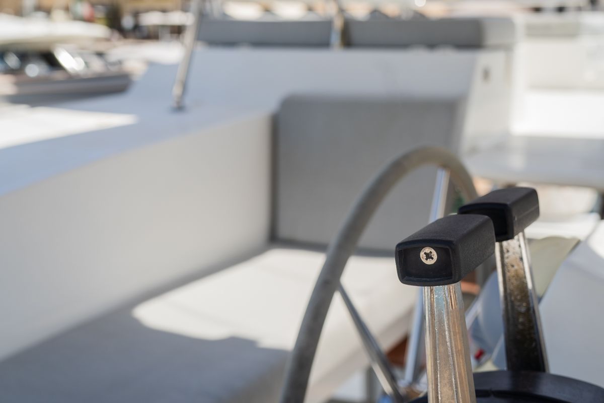 Cockpit of Premium, a Fountaine Pajot Saona 47 catamaran at Castellammare del Golfo, Italy