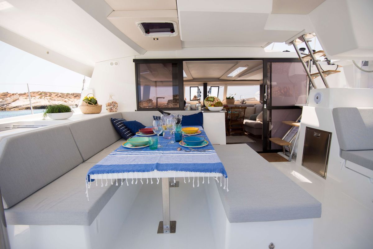 Deck of Premium, a Fountaine Pajot Saona 47 catamaran at Castellammare del Golfo, Italy