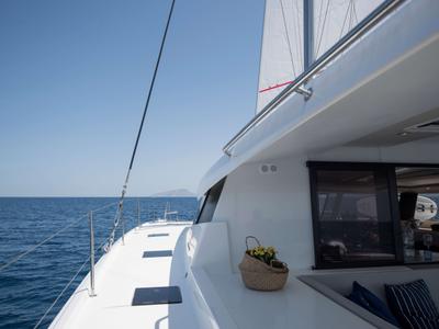Deck of Premium, a Fountaine Pajot Saona 47 catamaran at Castellammare del Golfo, Italy