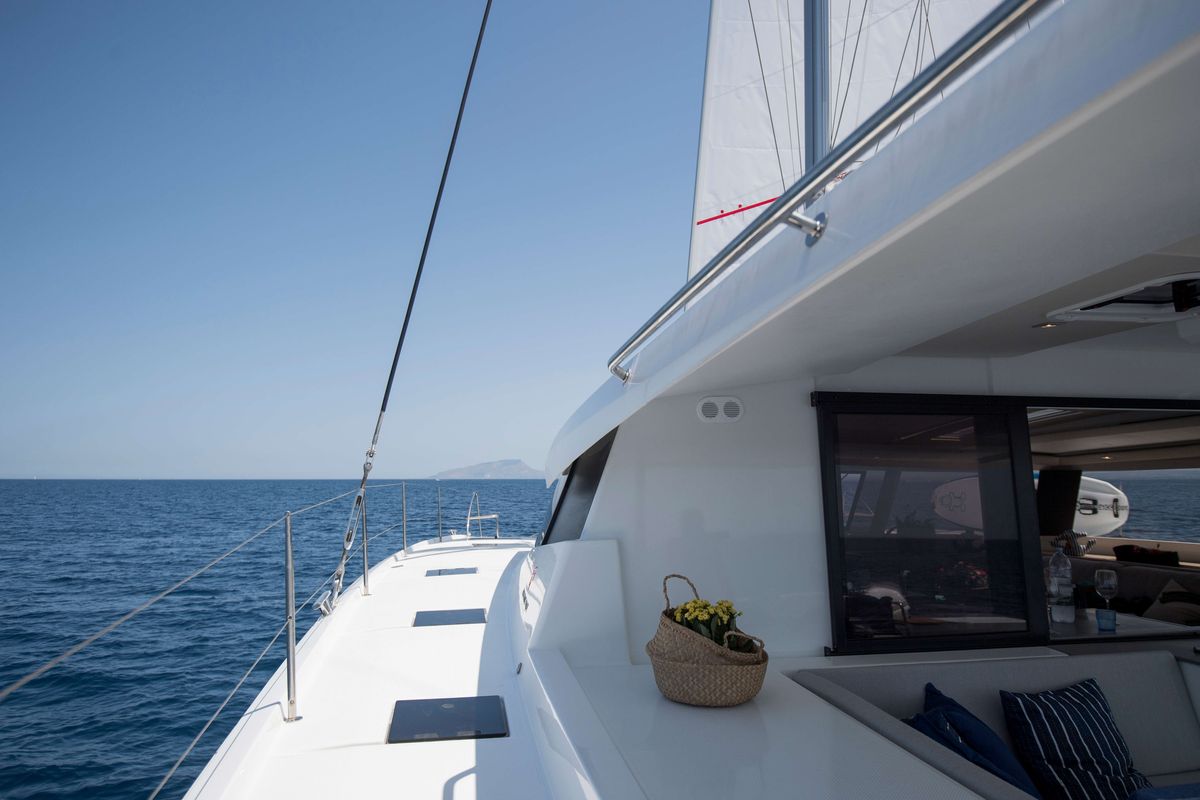 Deck of Premium, a Fountaine Pajot Saona 47 catamaran at Castellammare del Golfo, Italy