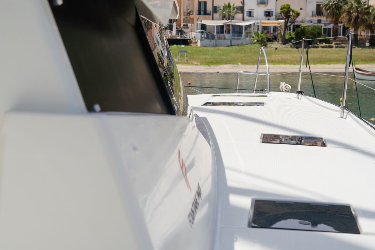 Deck of Premium, a Fountaine Pajot Saona 47 catamaran at Castellammare del Golfo, Italy