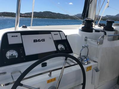 Cockpit of Zippiri, a Lagoon 42 catamaran at Olbia, Italy