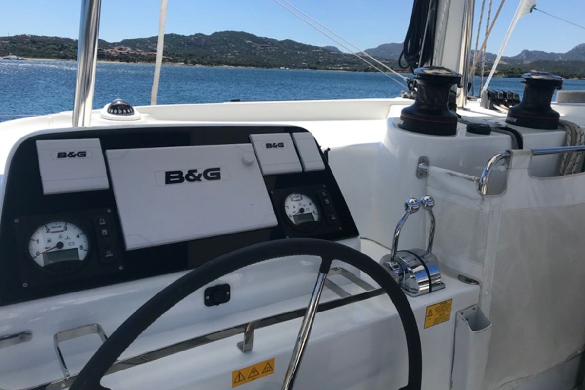 Cockpit of Zippiri, a Lagoon 42 catamaran at Olbia, Italy