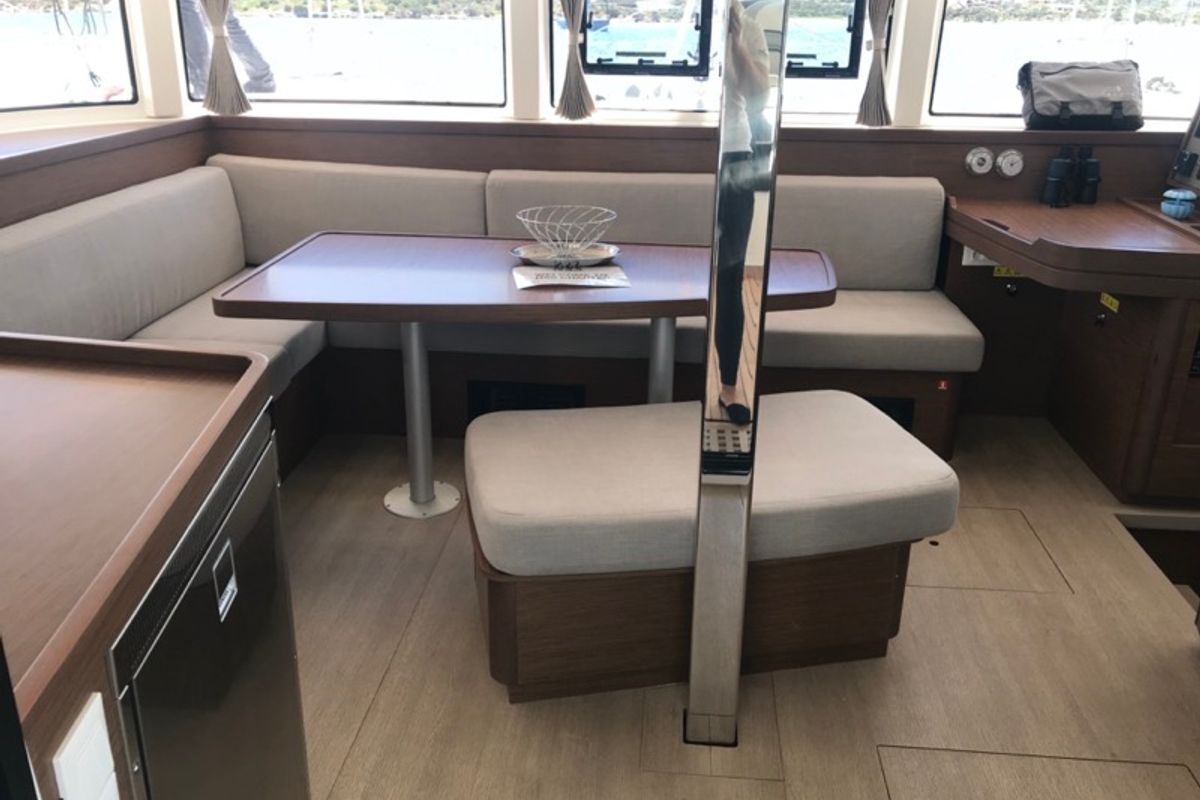 Salon of Zippiri, a Lagoon 42 catamaran at Olbia, Italy