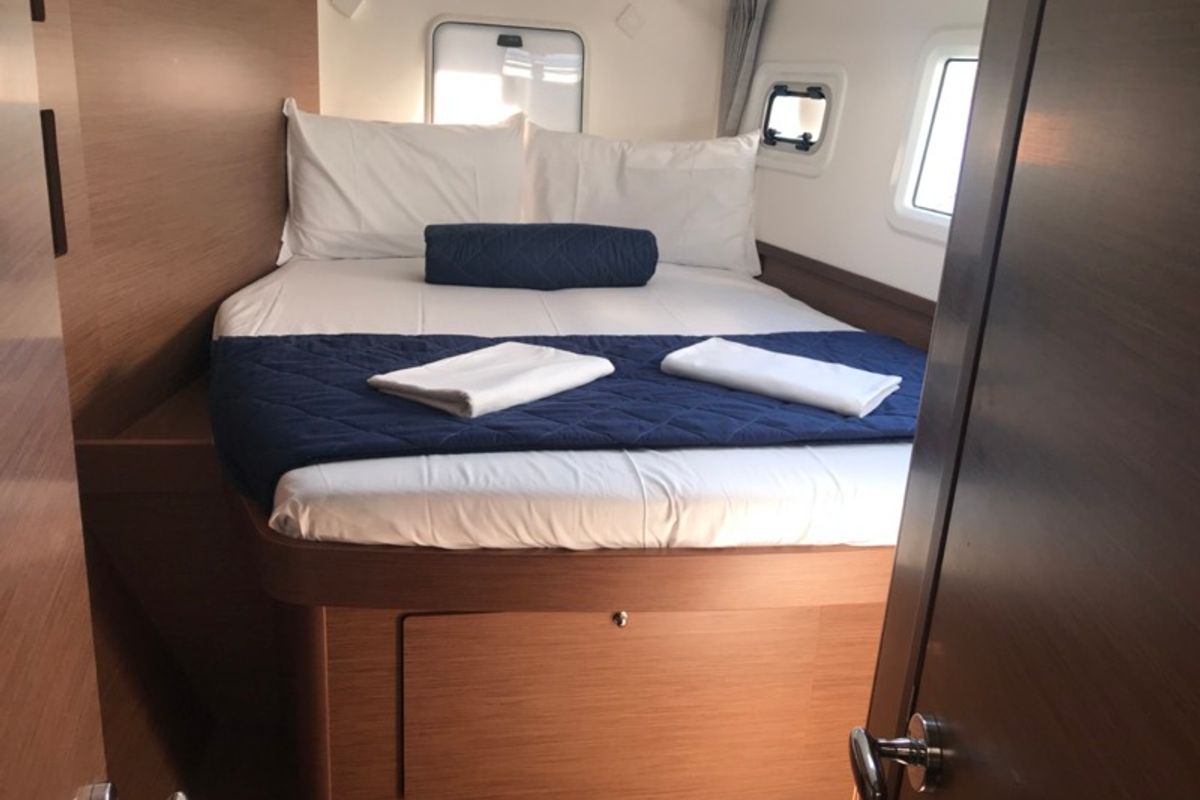 Cabin on Zippiri, a Lagoon 42 catamaran at Olbia, Italy