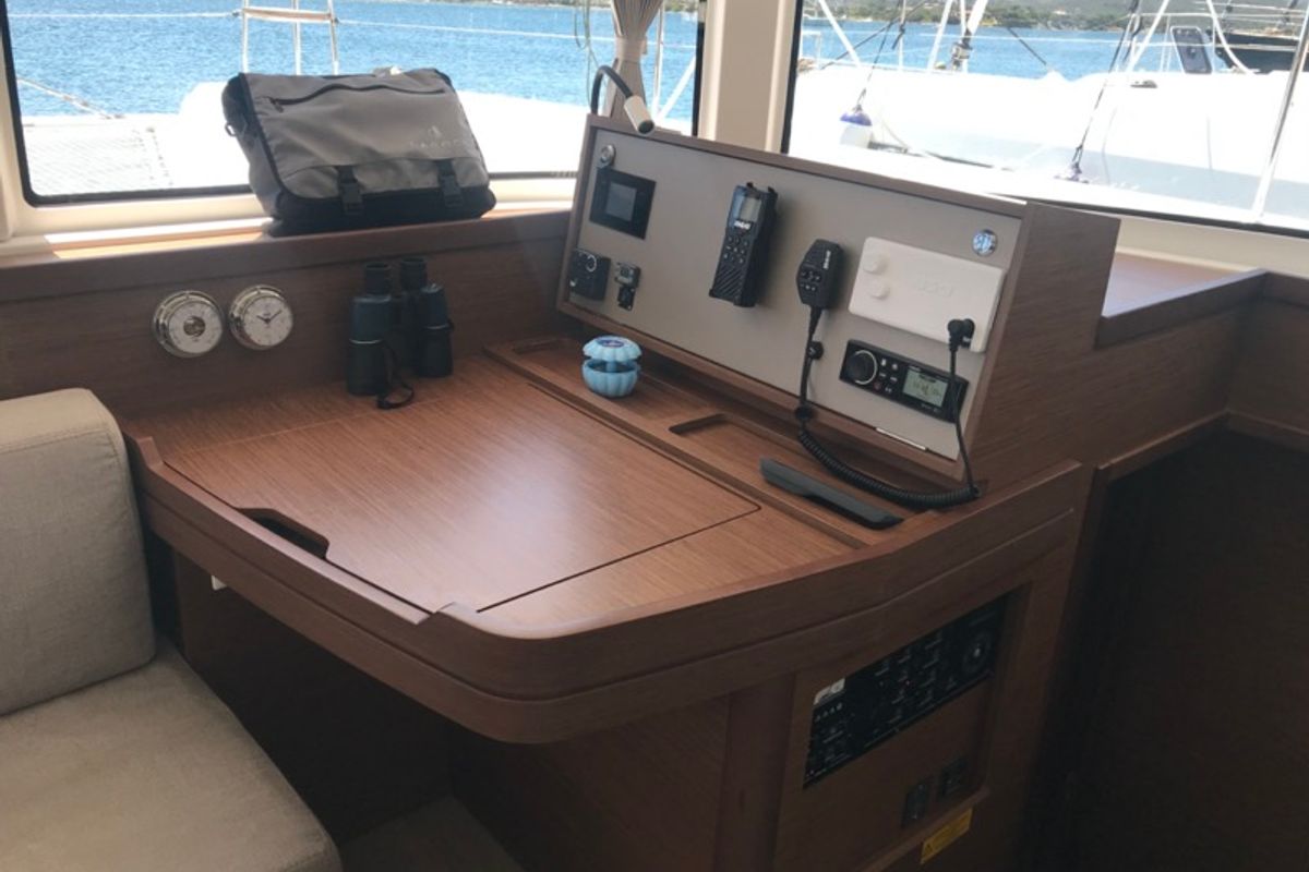 Salon of Zippiri, a Lagoon 42 catamaran at Olbia, Italy
