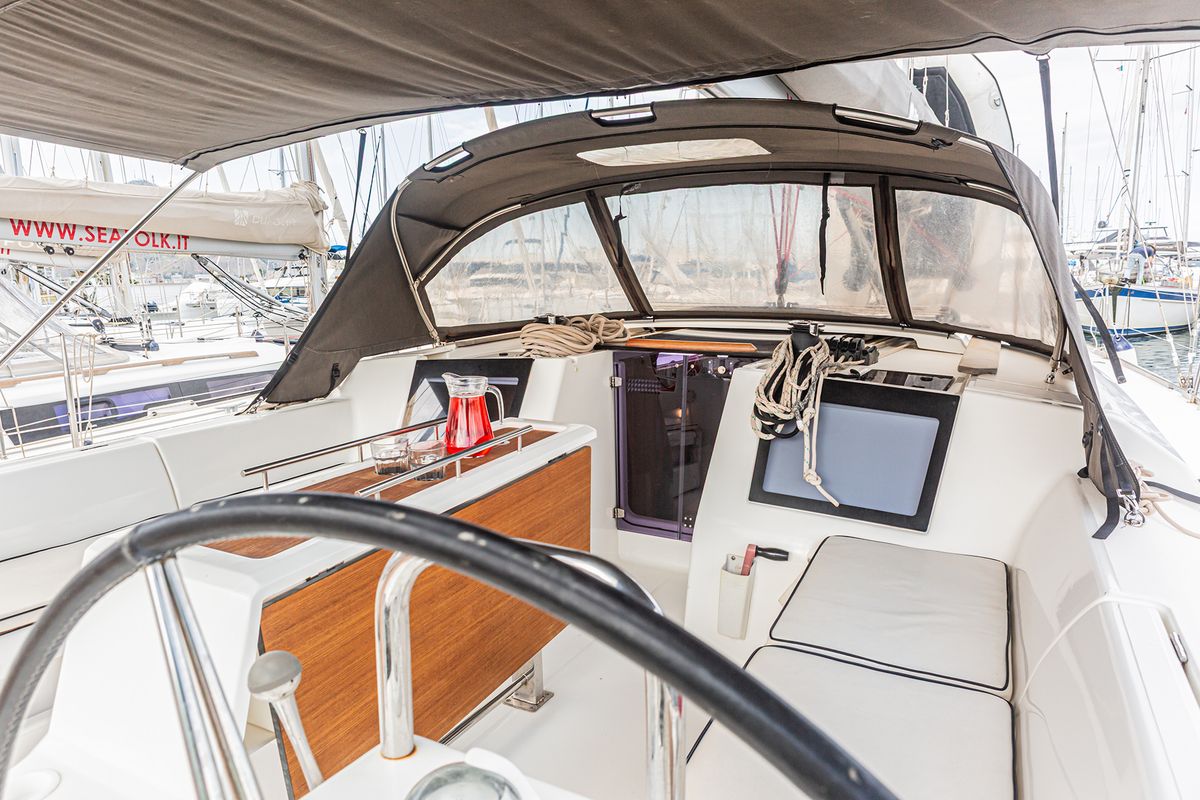 Cockpit of Discovery Planet, a Dufour 460 Grand Large sailboat at Palermo, Italy