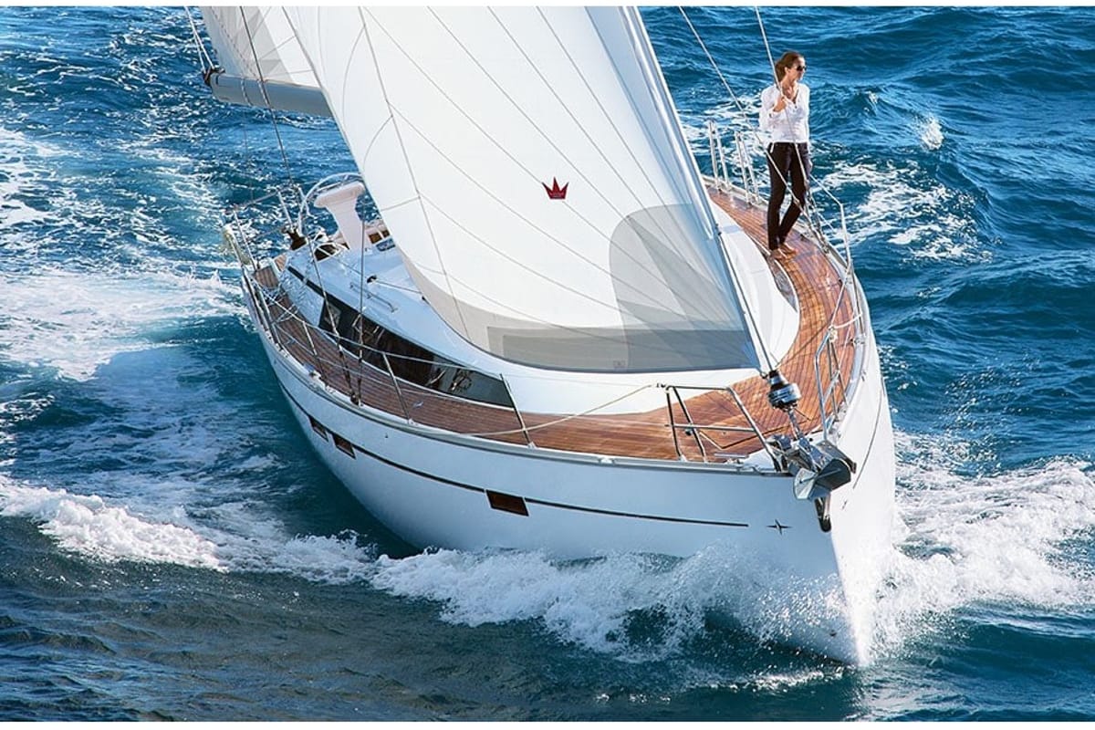 Exterior view of Sail Deneb, a Bavaria Cruiser 46 sailboat at Marmaris, Turkey