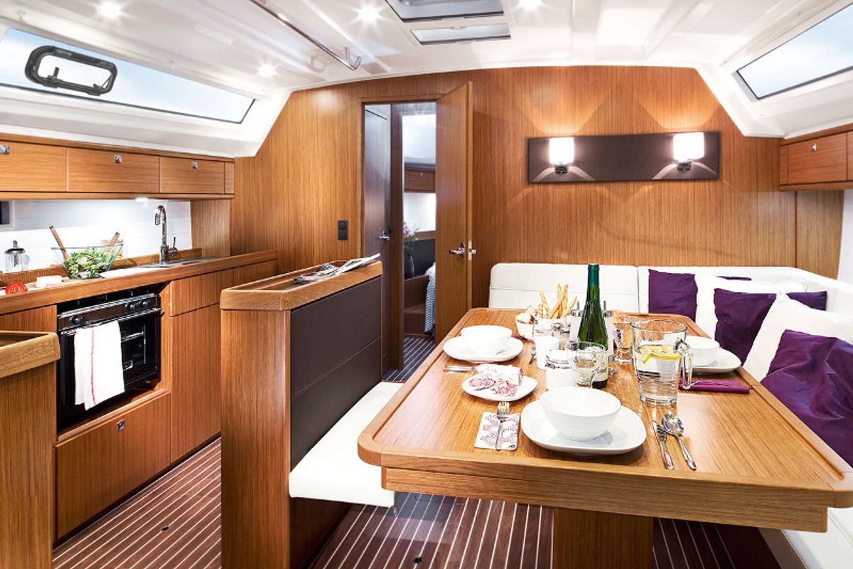 Salon of Tolui, a Bavaria Cruiser 46 sailboat at Ponta Delgada, Portugal
