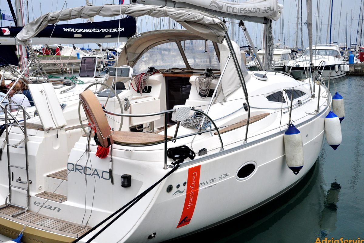 Exterior view of Orca. O, a Elan Impression 384 sailboat at Izola / Isola, Slovenia