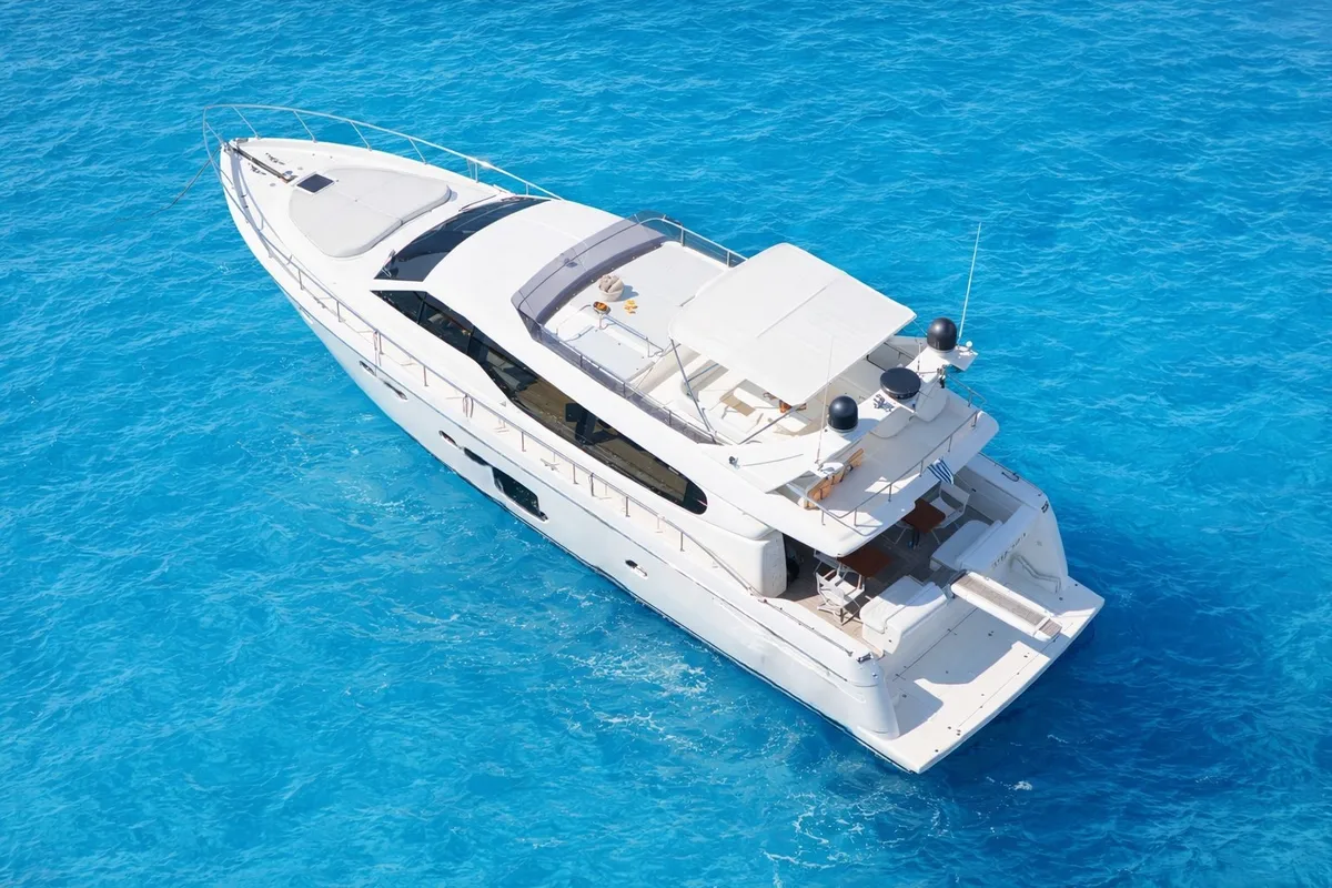 Exterior view of ESCAPE, a Ferretti 630 yacht at Ornos, Greece