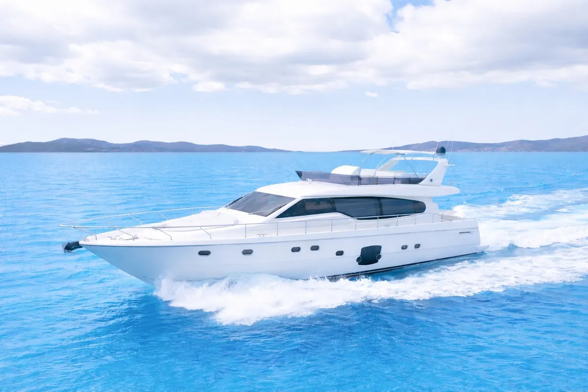 Exterior view of ESCAPE, a Ferretti 630 yacht at Ornos, Greece
