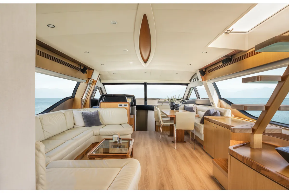 Salon of ESCAPE, a Ferretti 630 yacht at Ornos, Greece