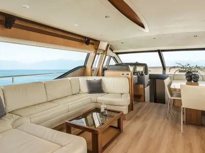 Salon of ESCAPE, a Ferretti 630 yacht at Ornos, Greece