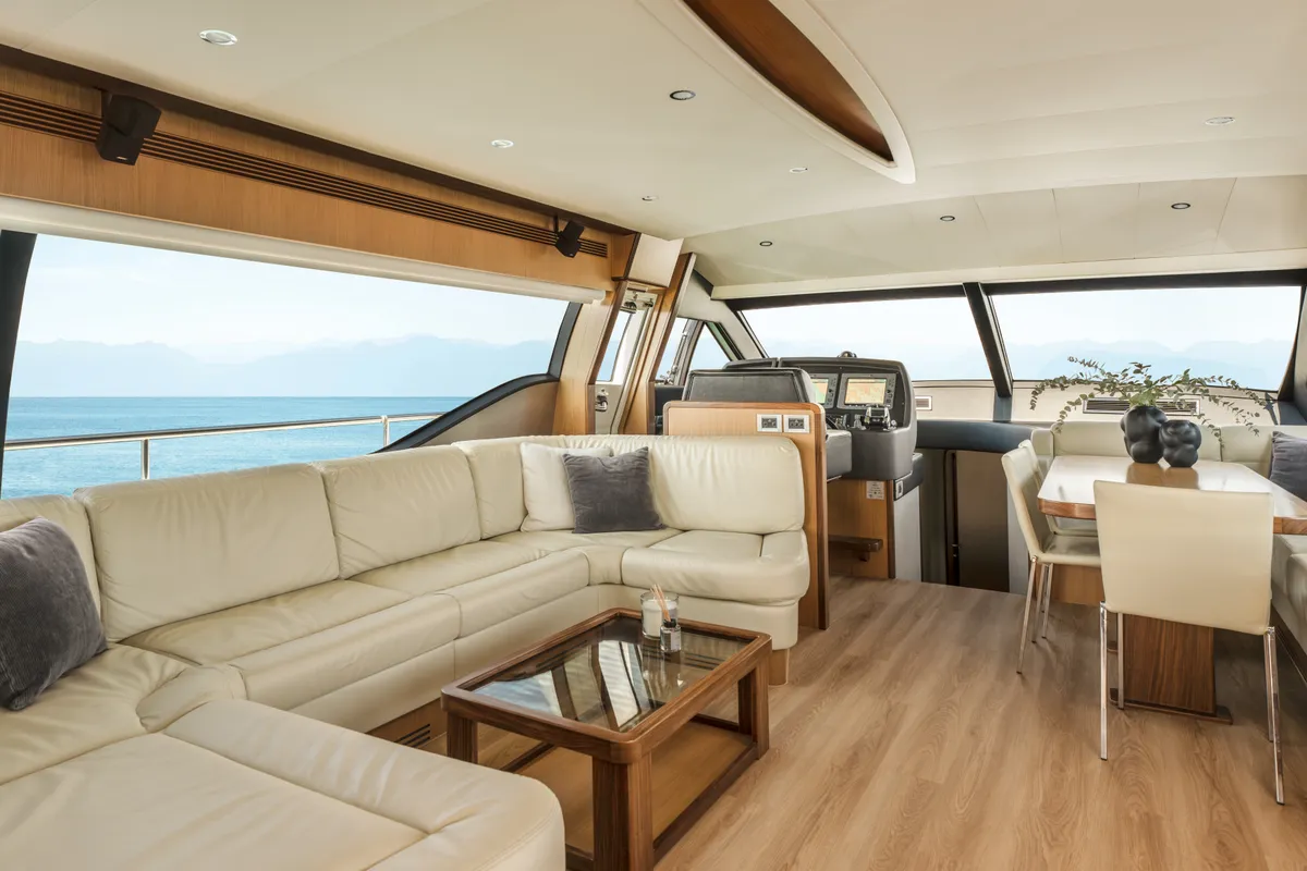 Salon of ESCAPE, a Ferretti 630 yacht at Ornos, Greece