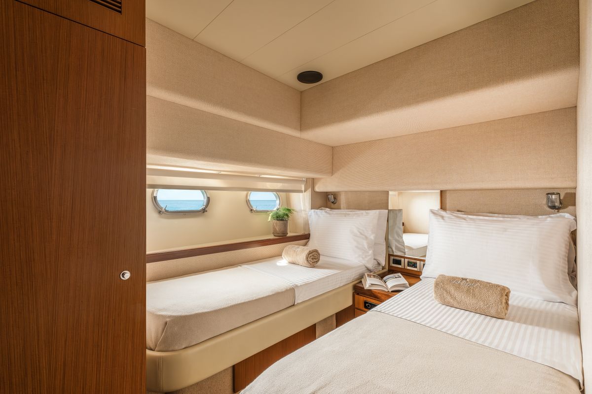 Cabin on ESCAPE, a Ferretti 630 yacht at Ornos, Greece