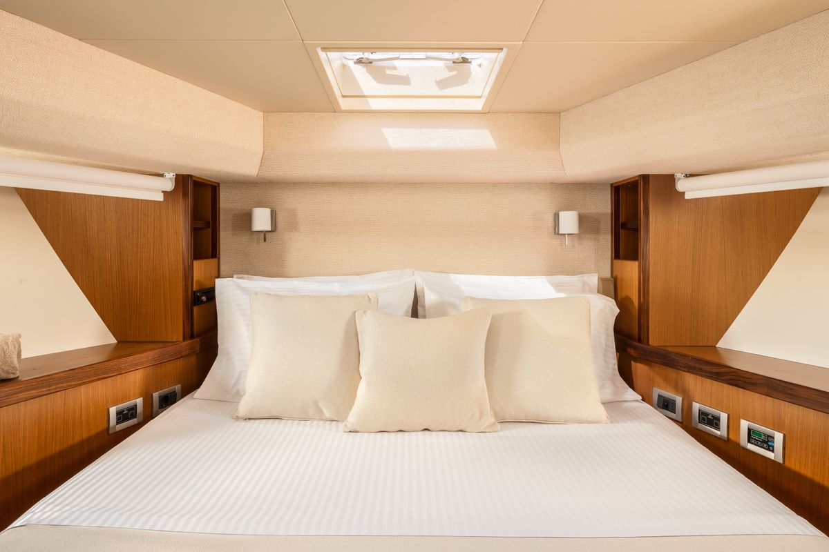 Cabin on ESCAPE, a Ferretti 630 yacht at Ornos, Greece