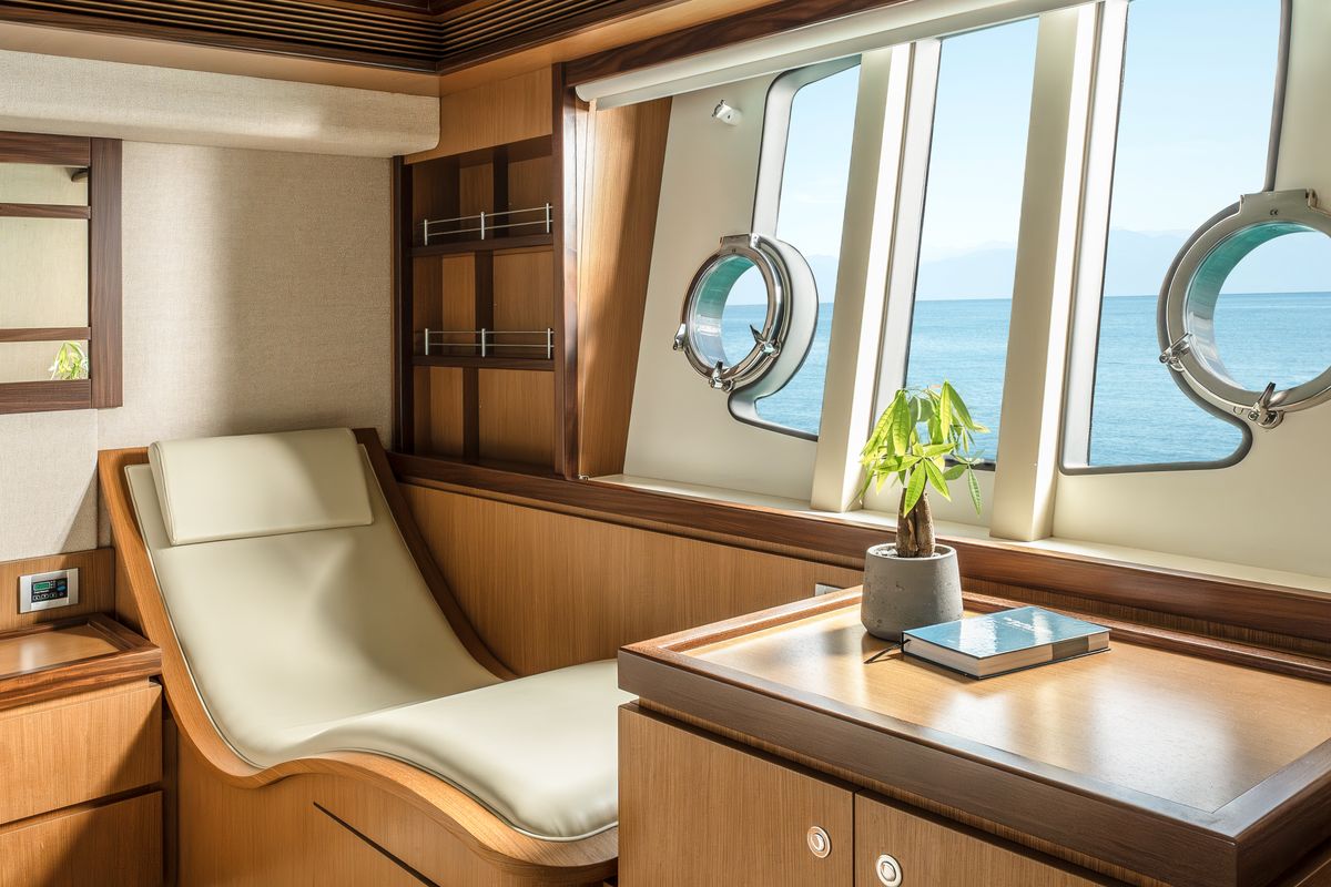 Cabin on ESCAPE, a Ferretti 630 yacht at Ornos, Greece