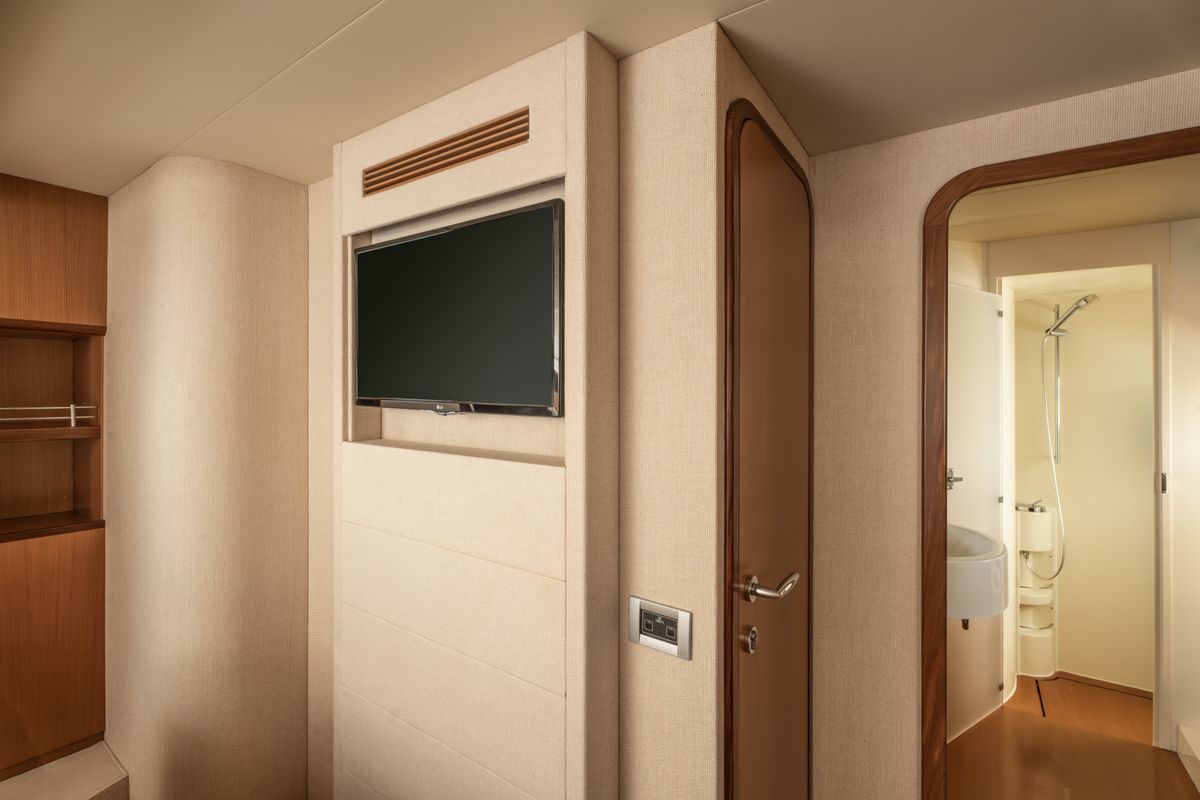 ESCAPE, a Ferretti 630 yacht at Ornos, Greece