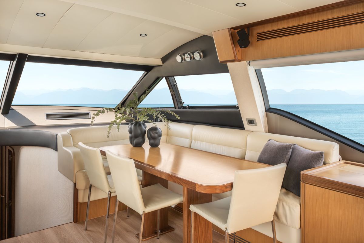 Salon of ESCAPE, a Ferretti 630 yacht at Ornos, Greece