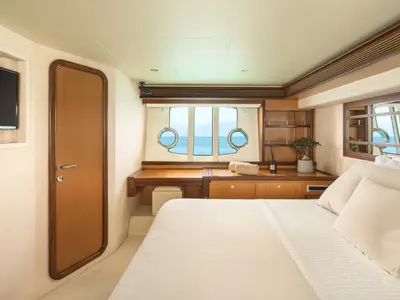 Cabin on ESCAPE, a Ferretti 630 yacht at Ornos, Greece