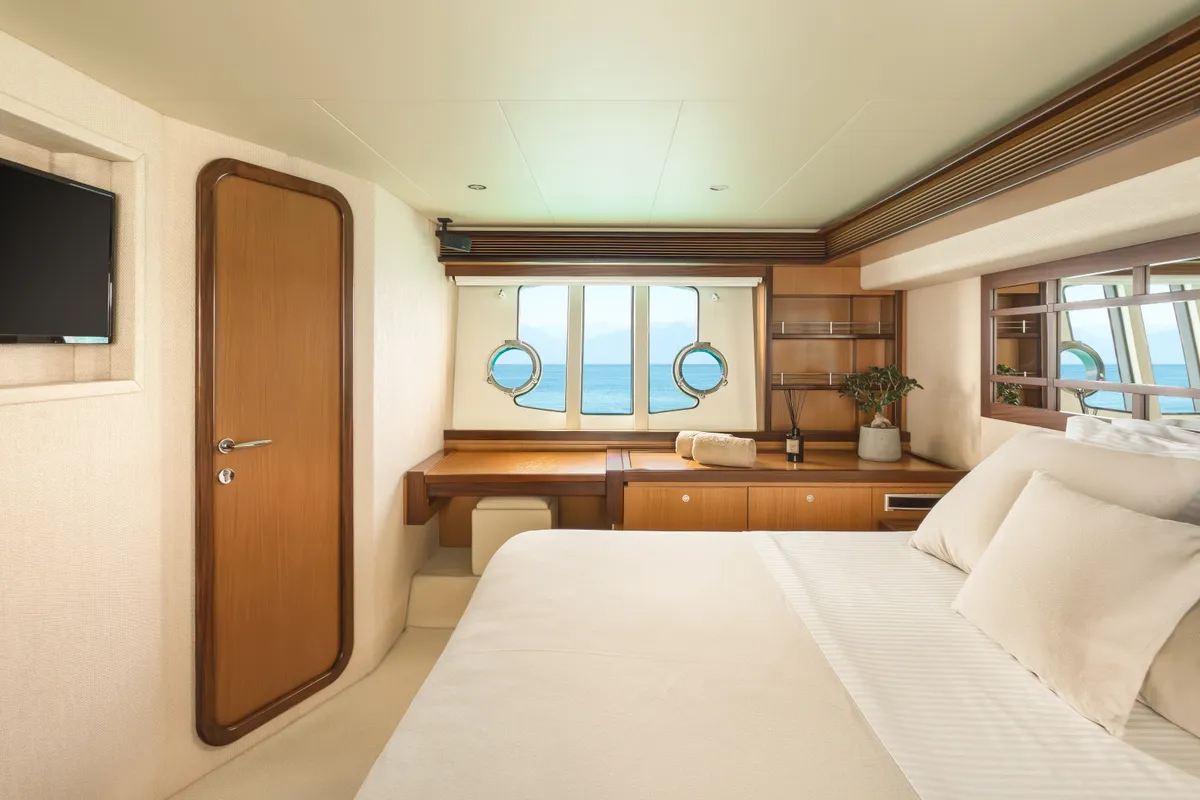 Cabin on ESCAPE, a Ferretti 630 yacht at Ornos, Greece