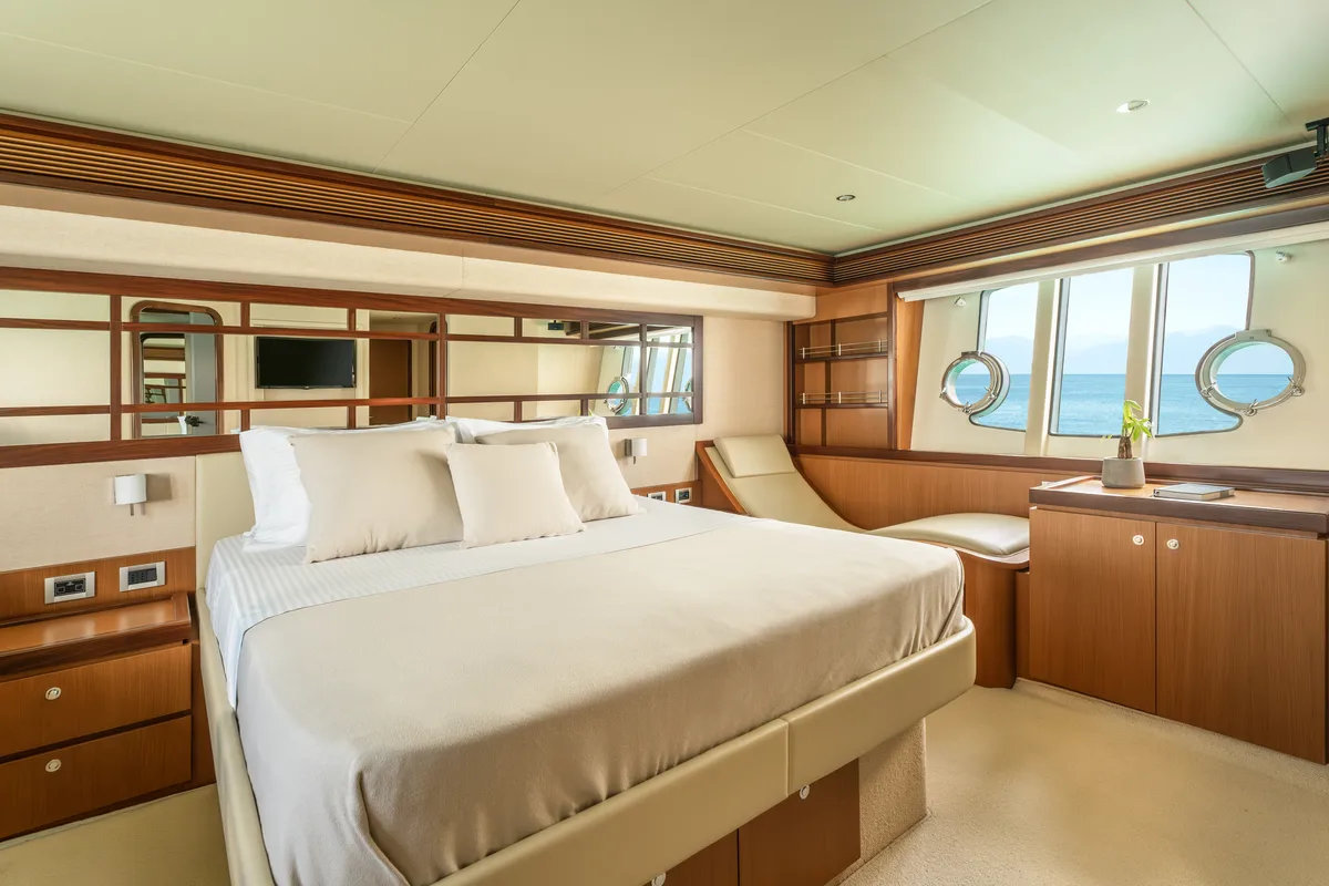 Cabin on ESCAPE, a Ferretti 630 yacht at Ornos, Greece
