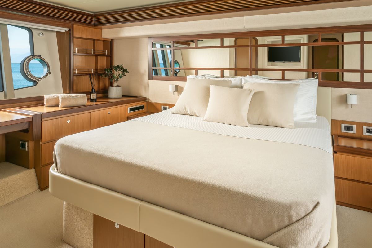 Cabin on ESCAPE, a Ferretti 630 yacht at Ornos, Greece