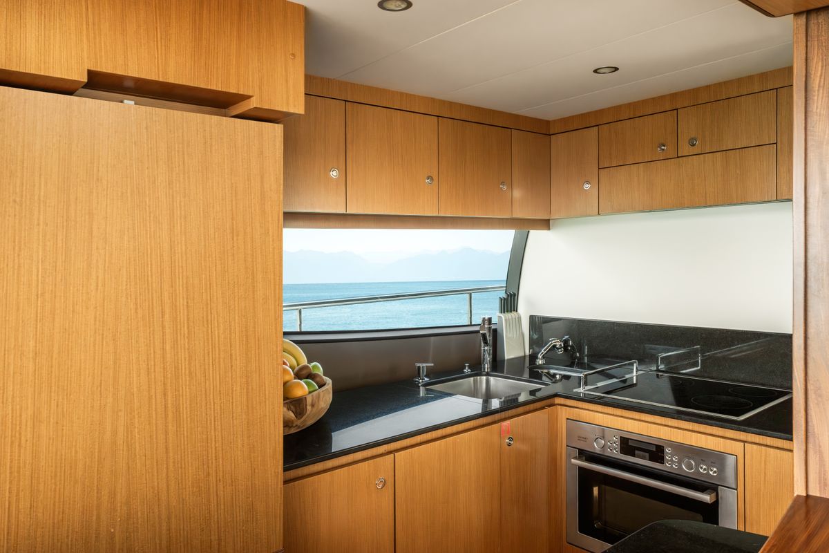Galley of ESCAPE, a Ferretti 630 yacht at Ornos, Greece