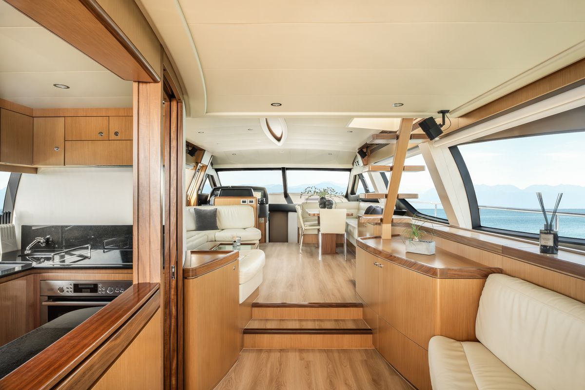 Salon of ESCAPE, a Ferretti 630 yacht at Ornos, Greece