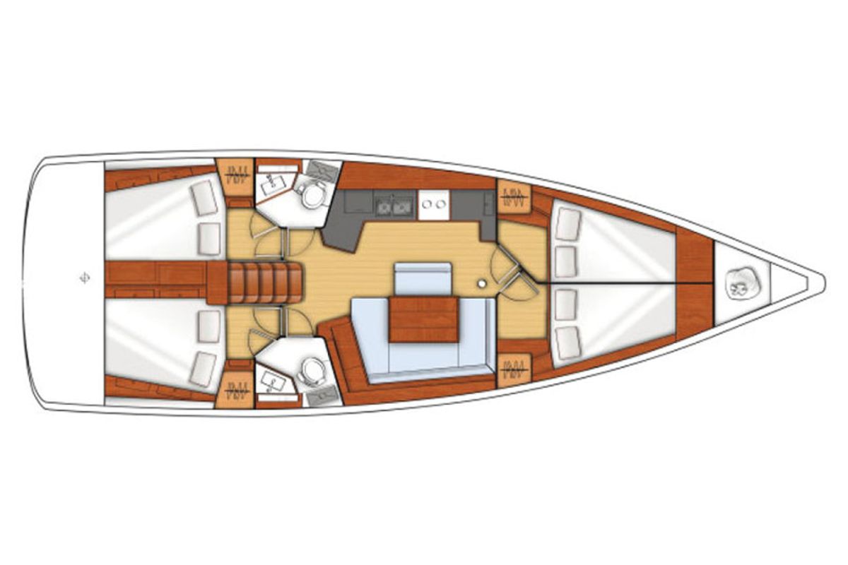 Floor plan of AF-O45(II), a Beneteau Oceanis 45 sailboat at Athens, Greece