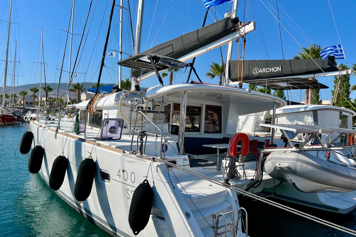 Exterior view of Cata Loca, a Lagoon 400 S2 catamaran at Athens, Greece