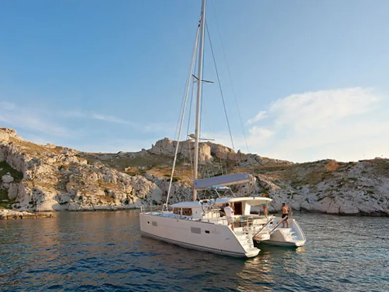 Exterior view of Cata Loca, a Lagoon 400 S2 catamaran at Athens, Greece