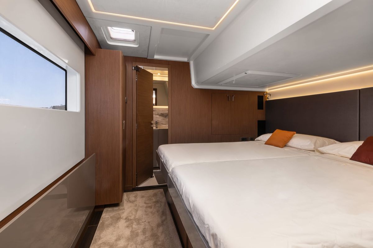Cabin on Premium +, a Prestige M48 catamaran at Olbia, Italy