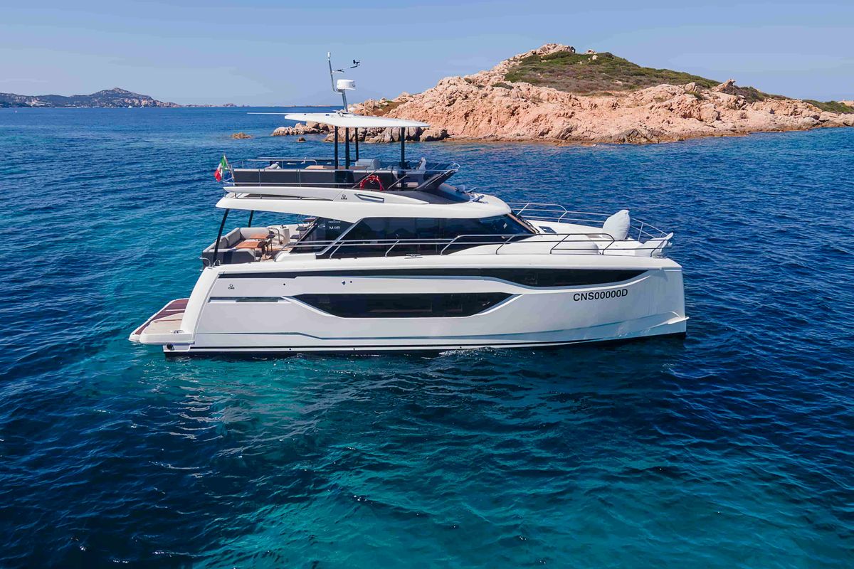 Exterior view of Premium +, a Prestige M48 catamaran at Olbia, Italy