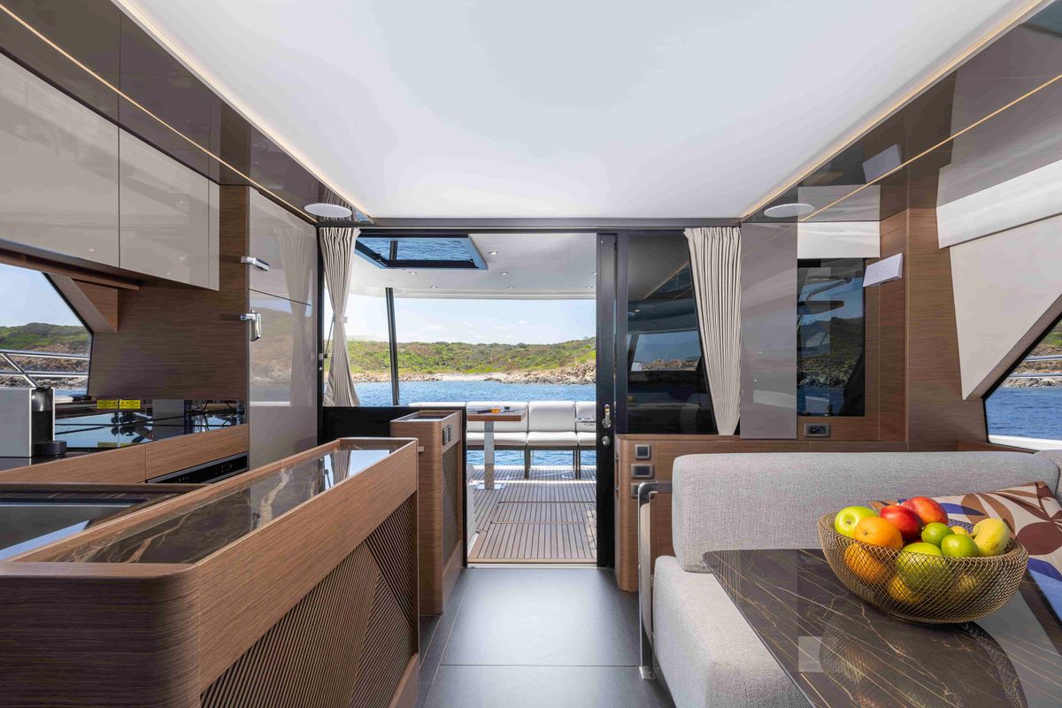 Salon of Premium +, a Prestige M48 catamaran at Olbia, Italy