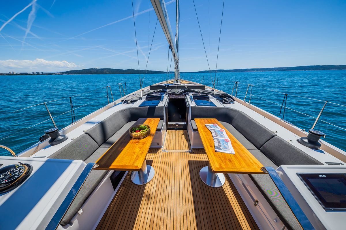 Deck of Eywa, a Hanse Yachts Hanse 588 sailboat at Grad Kaštela, Croatia