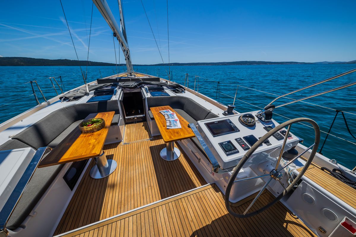 Deck of Eywa, a Hanse Yachts Hanse 588 sailboat at Grad Kaštela, Croatia