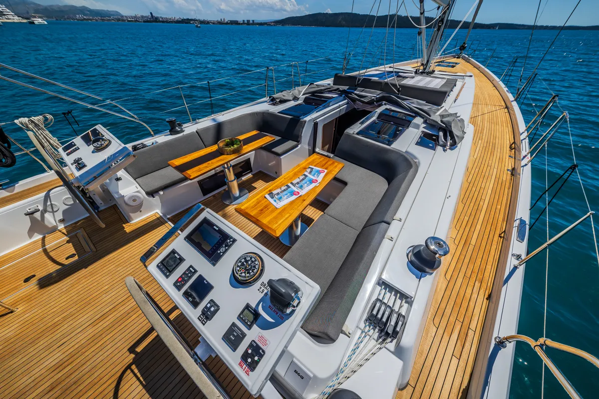 Deck of Eywa, a Hanse Yachts Hanse 588 sailboat at Grad Kaštela, Croatia