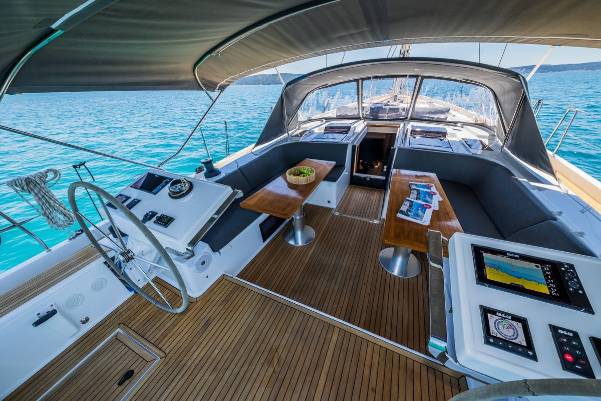 Cockpit of Eywa, a Hanse Yachts Hanse 588 sailboat at Grad Kaštela, Croatia