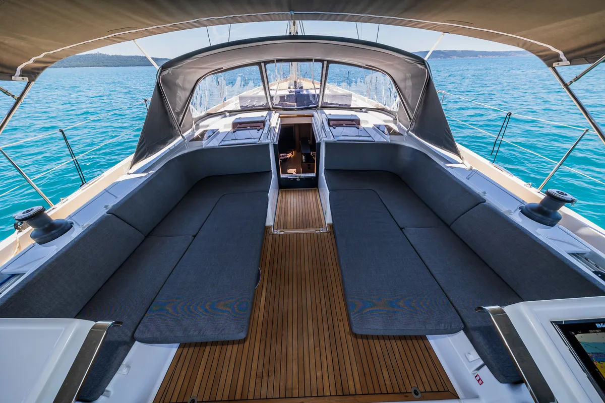 Deck of Eywa, a Hanse Yachts Hanse 588 sailboat at Grad Kaštela, Croatia