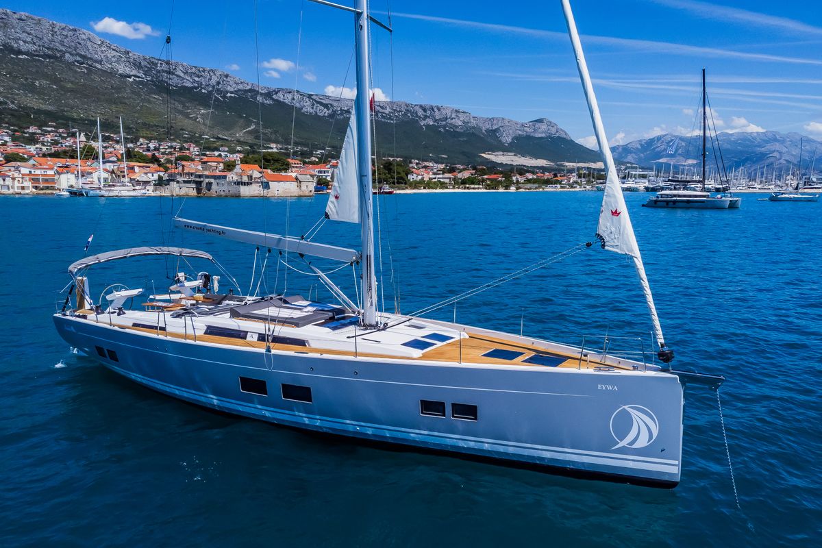 Exterior view of Eywa, a Hanse Yachts Hanse 588 sailboat at Grad Kaštela, Croatia