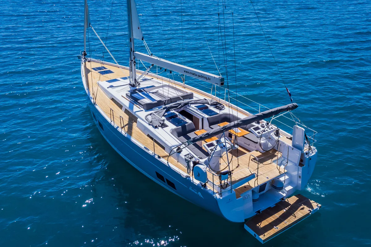 Exterior view of Eywa, a Hanse Yachts Hanse 588 sailboat at Grad Kaštela, Croatia