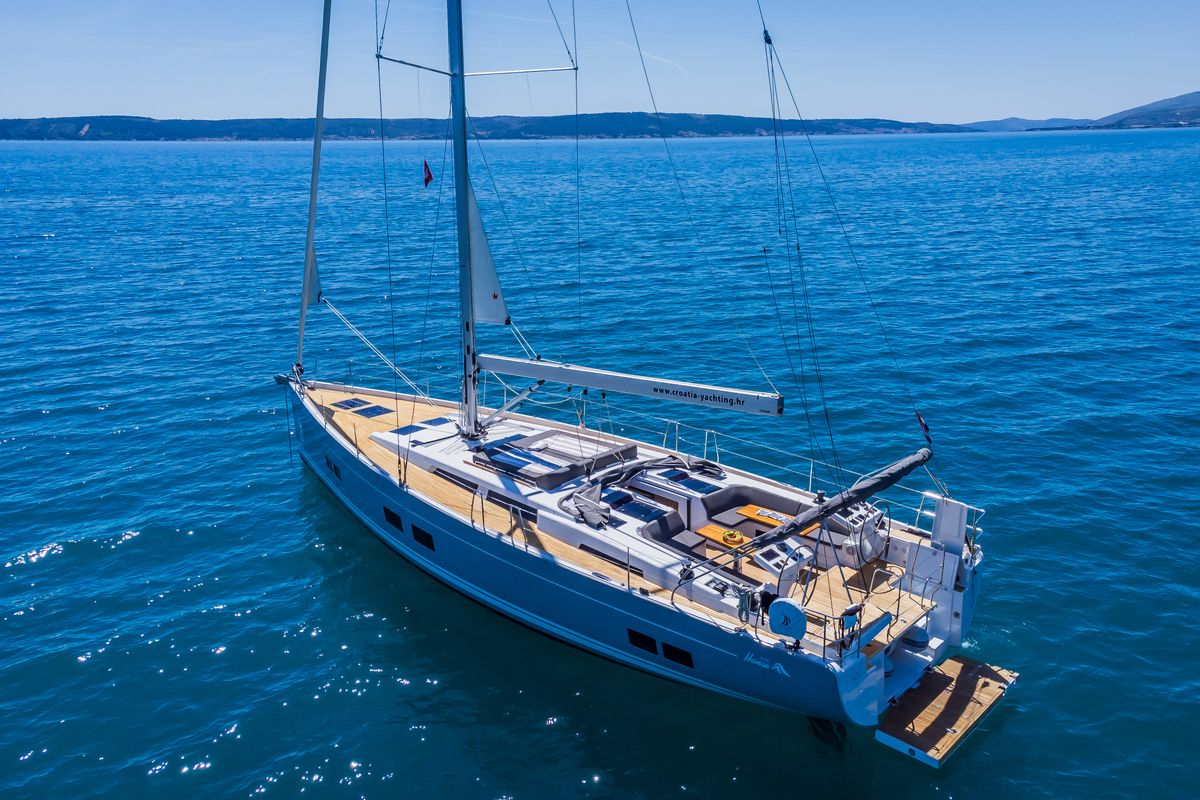 Exterior view of Eywa, a Hanse Yachts Hanse 588 sailboat at Grad Kaštela, Croatia